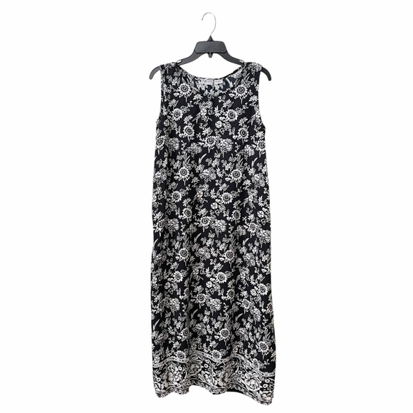 Phases Dress Women's Size M Black White Floral Rayon Sleeveless Midi Shift Boho - Picture 2 of 6